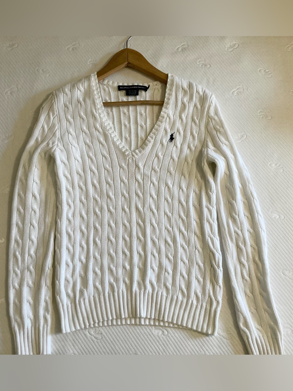 Polo Ralph Lauren White Cable Knit V-Neck Cotton Sweater Size M